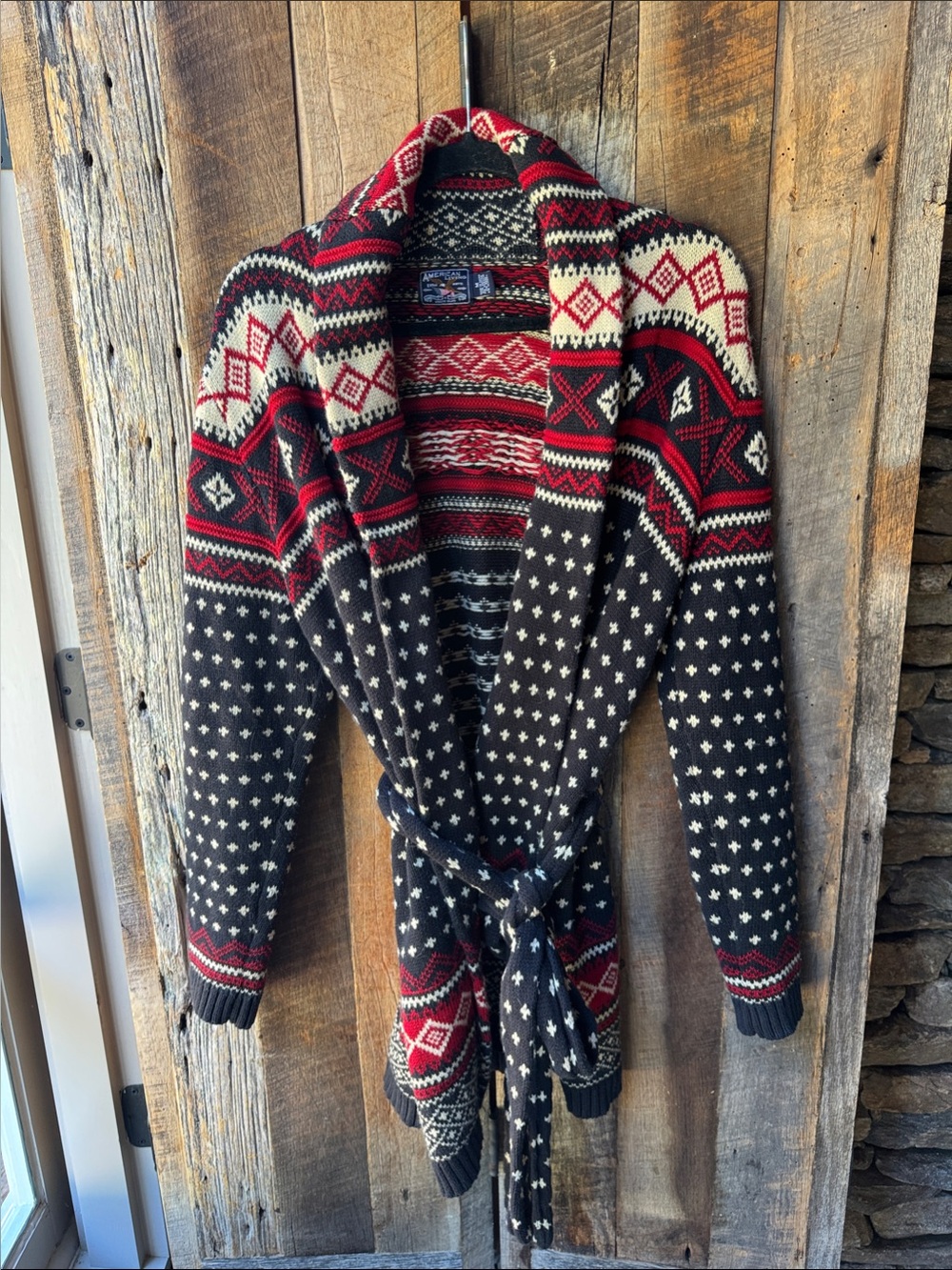 American Living Black, Red & Cream Southwestern Aztec Cotton Belted Cardigan